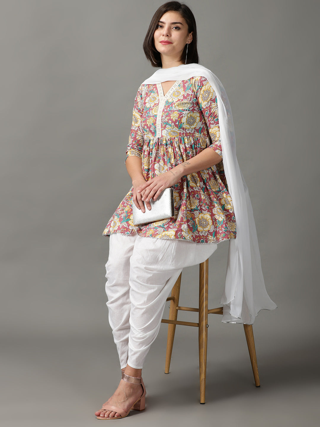 Brown Printed Cotton Kurta With Dhoti & Dupatta