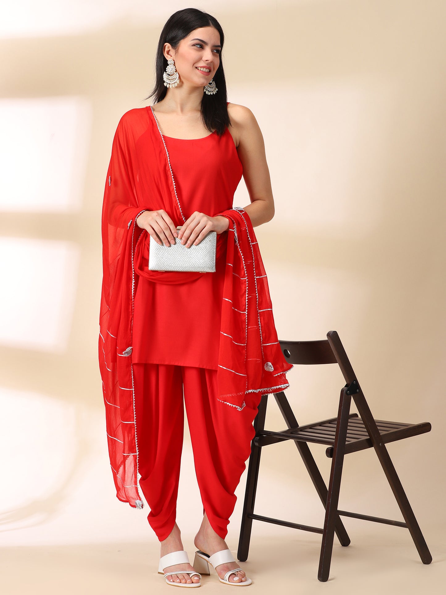 Red Rayon Kurta With Dhoti & Dupatta