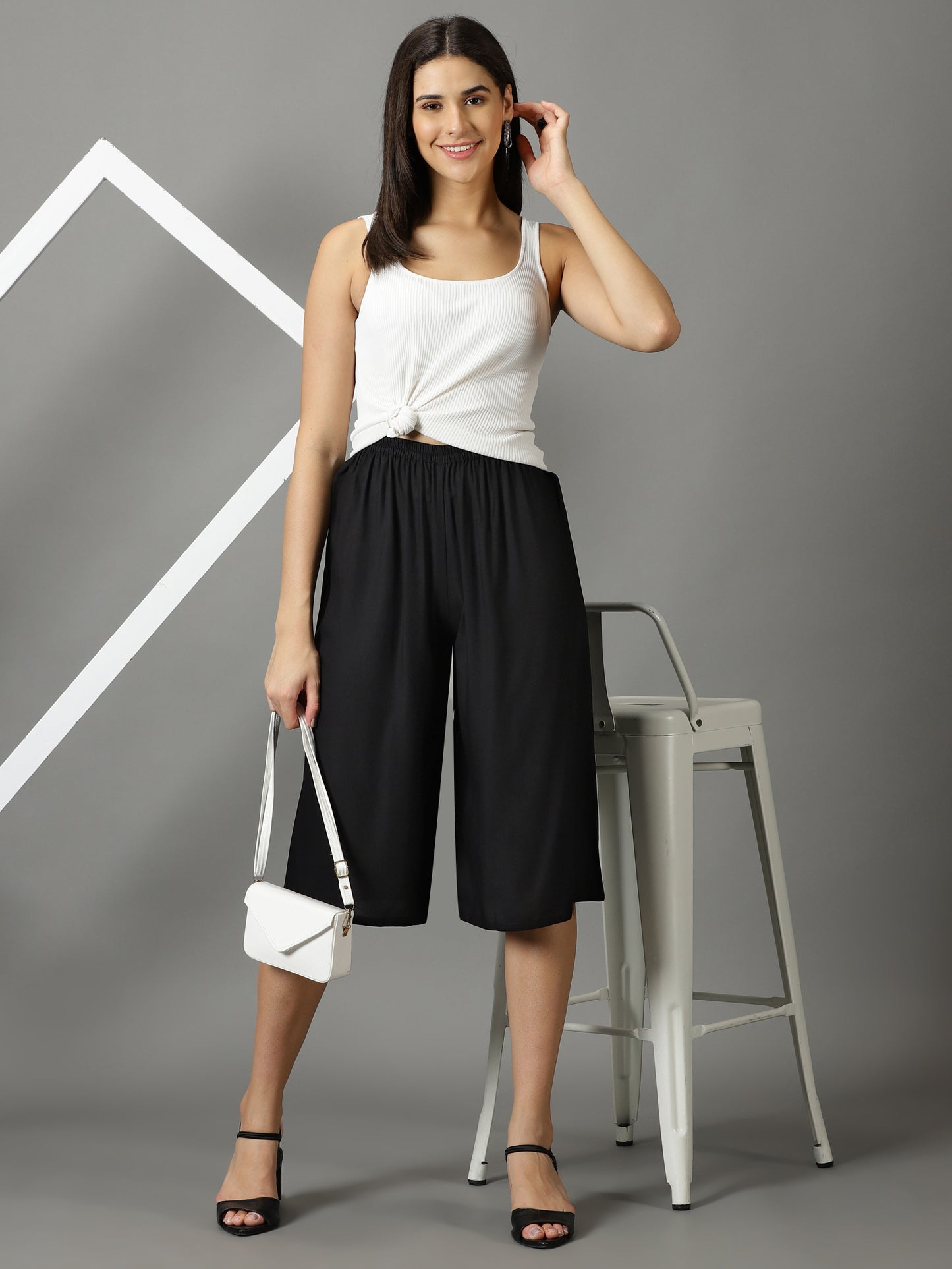 Women Black Rayon Half Pant