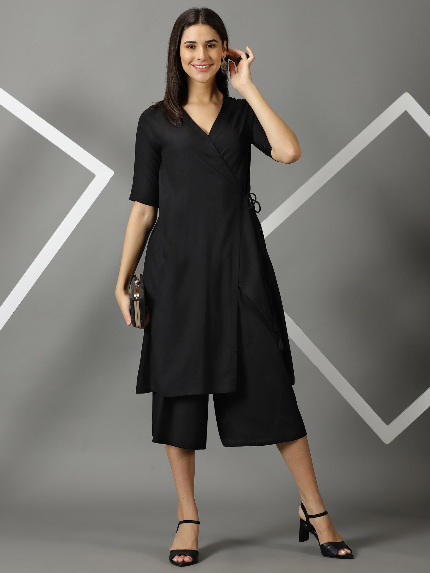 Black Angrakha Kurta With Dori Tie Up & Half Palazzos