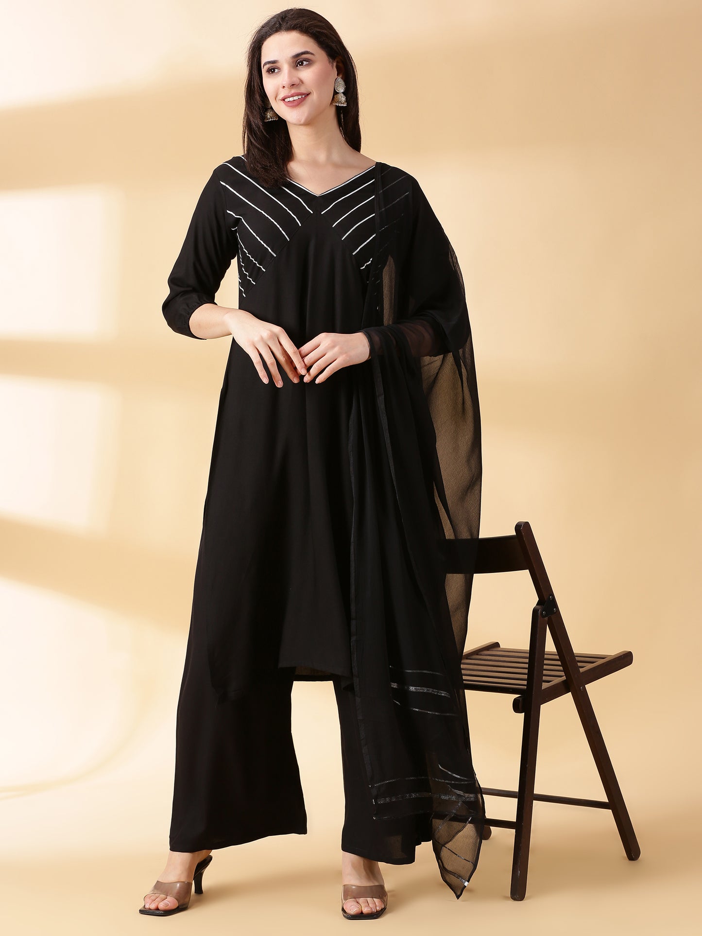 Women Black Reyon Alia Cut Kurta With Palazzos & Dupatta