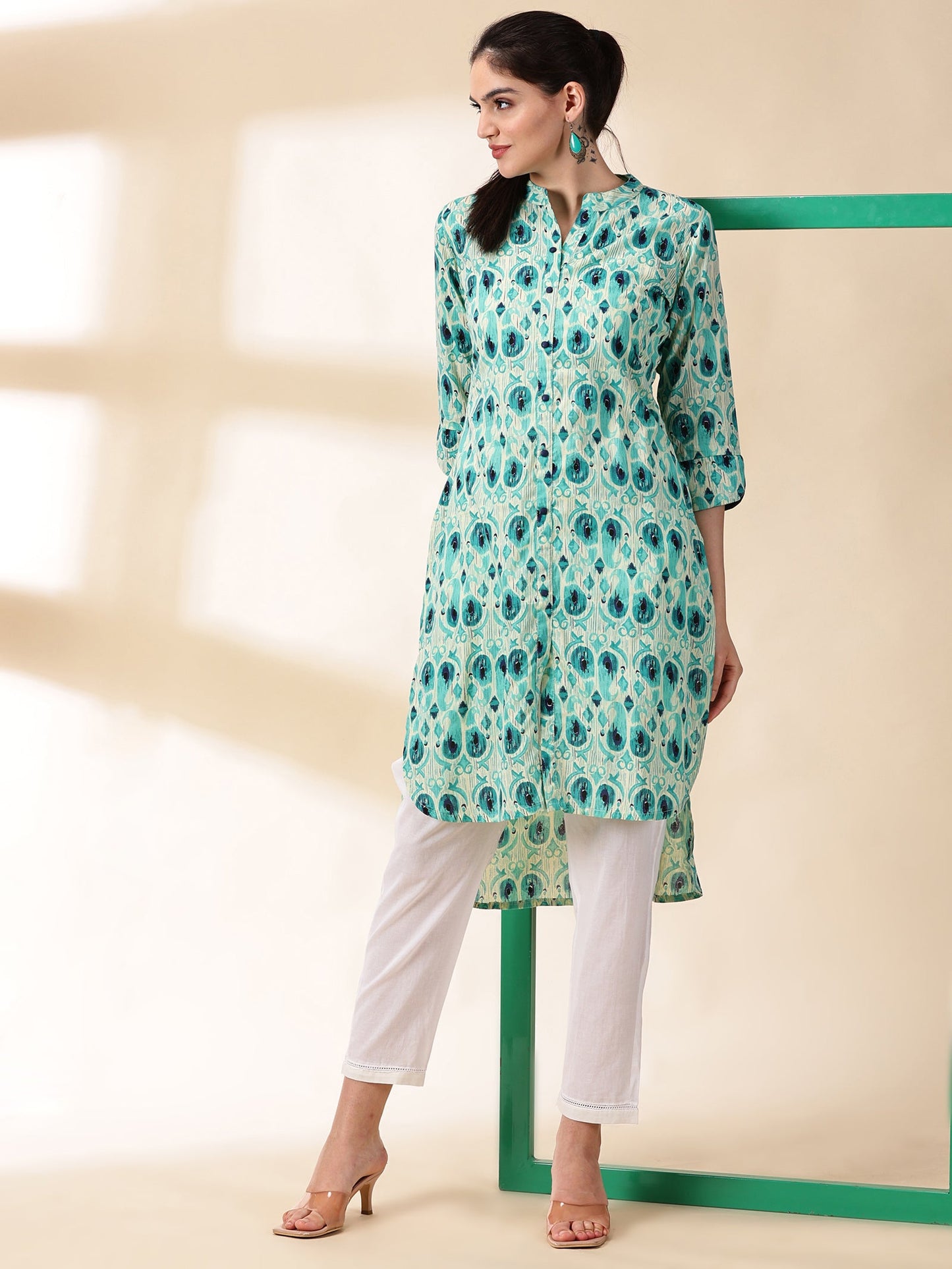 Women Green Floral Print Cotton Kurta