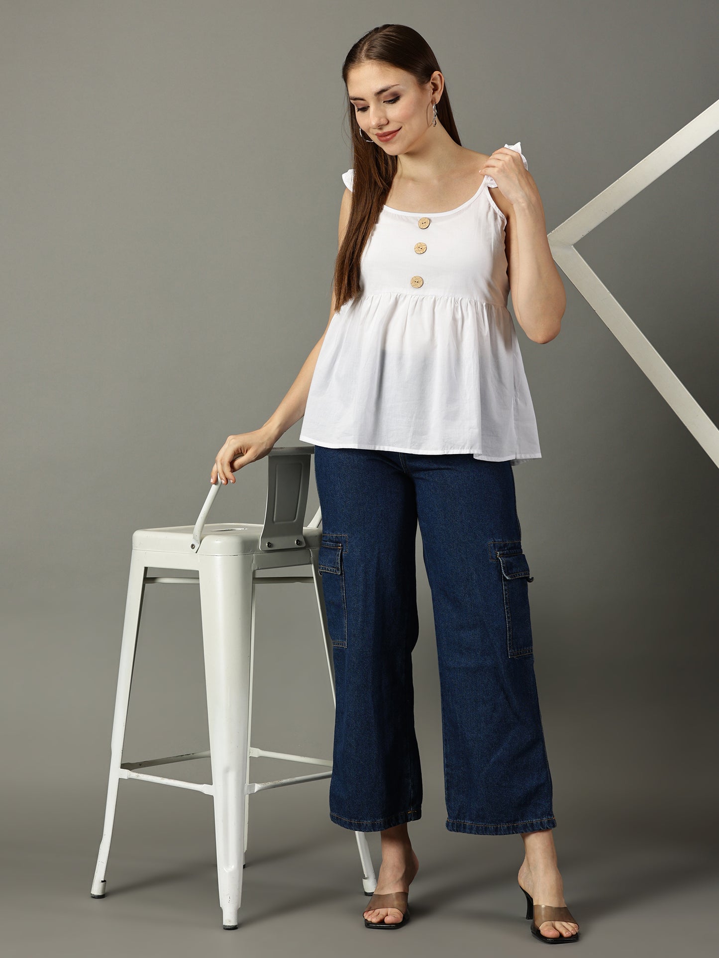 Women White Cotton Ruffled Top