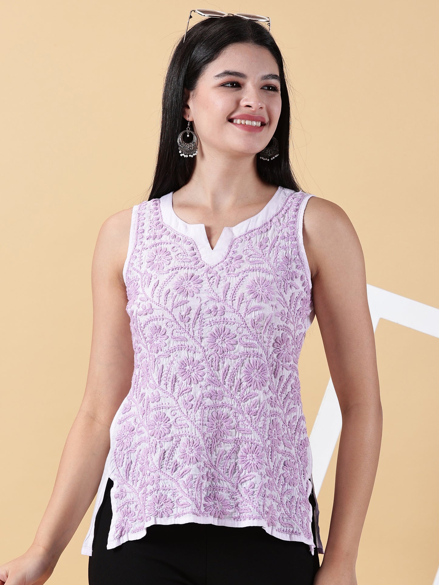 Women Purple Cotton Chikankari Top