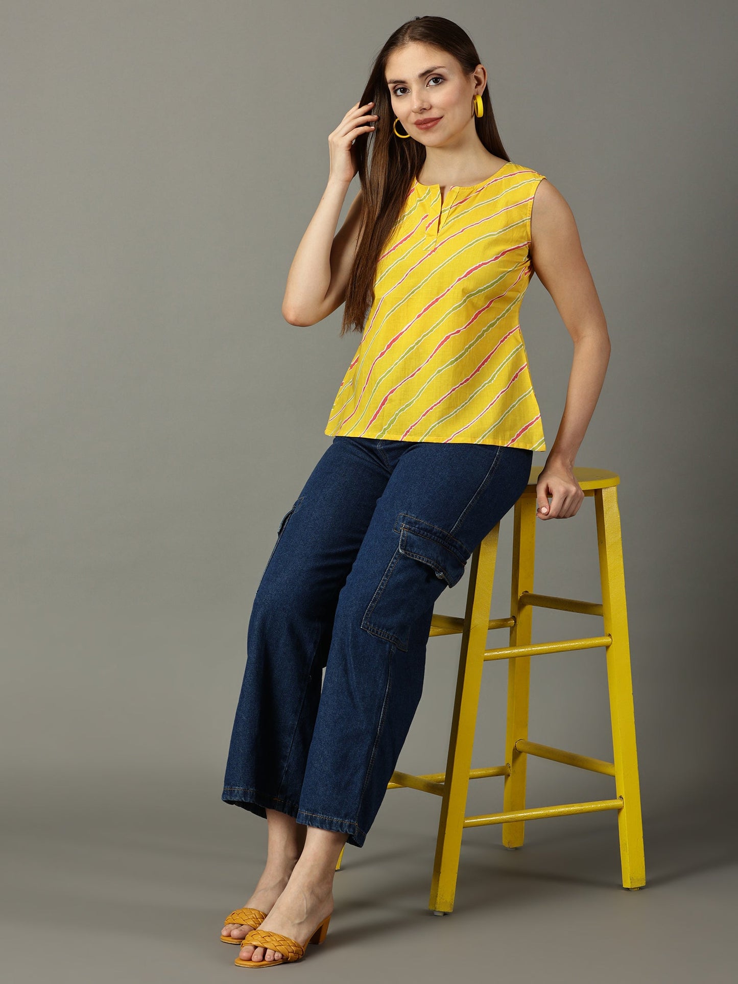 Women Yellow Cotton Printed Top