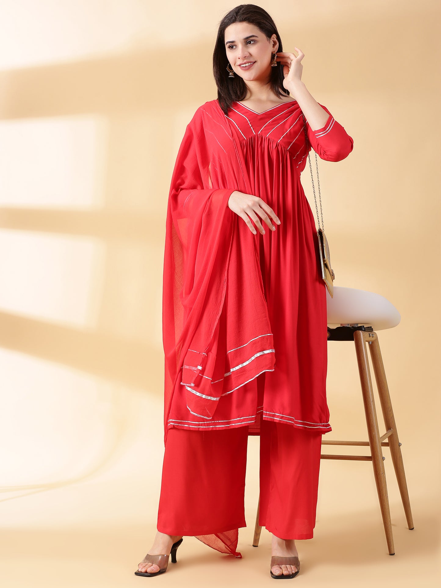 Women Red Reyon Alia Cut Kurta With Palazzos & Dupatta