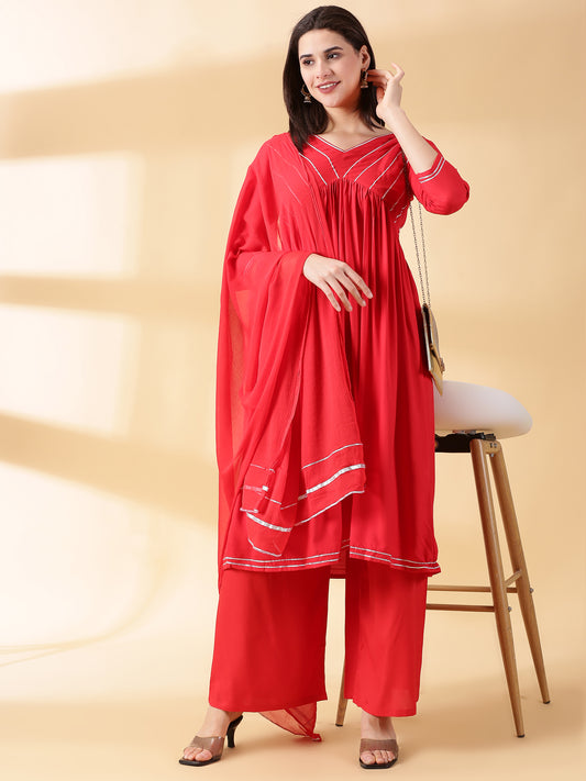 Women Red Reyon Alia Cut Kurta With Palazzos & Dupatta