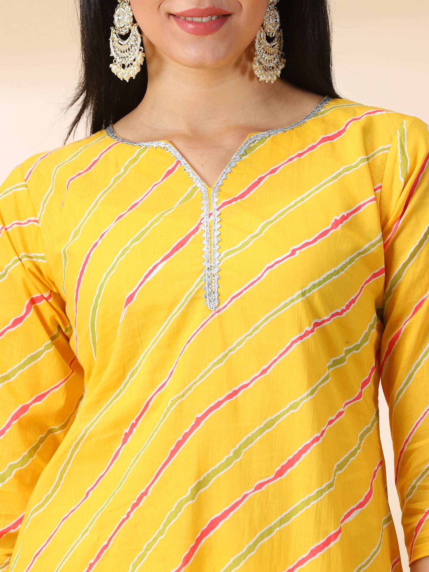 Yellow Cotton Kurta With Cuff Pant & Dupatta