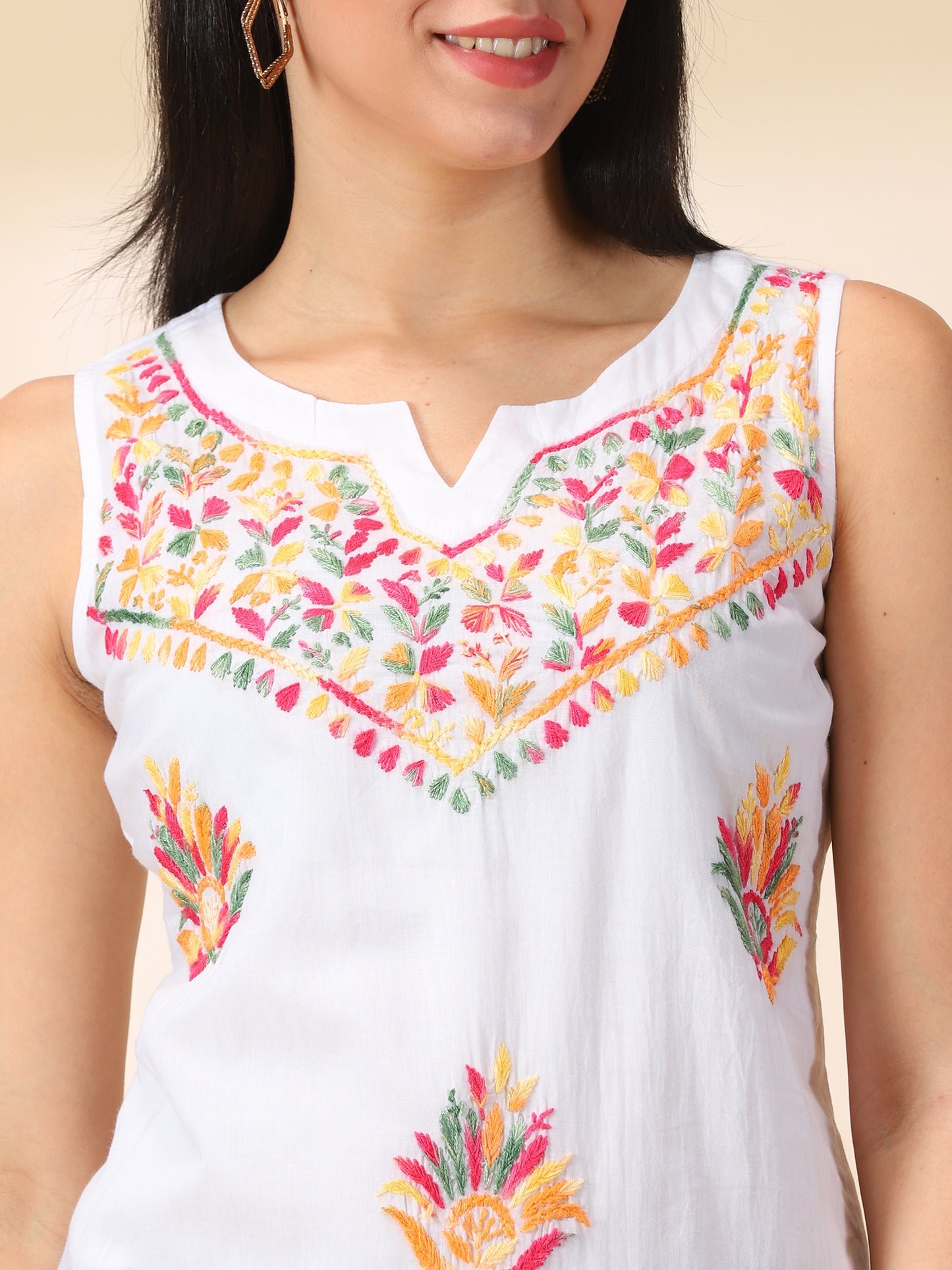 Women White Cotton Multi Embroidered Sleeveless Top