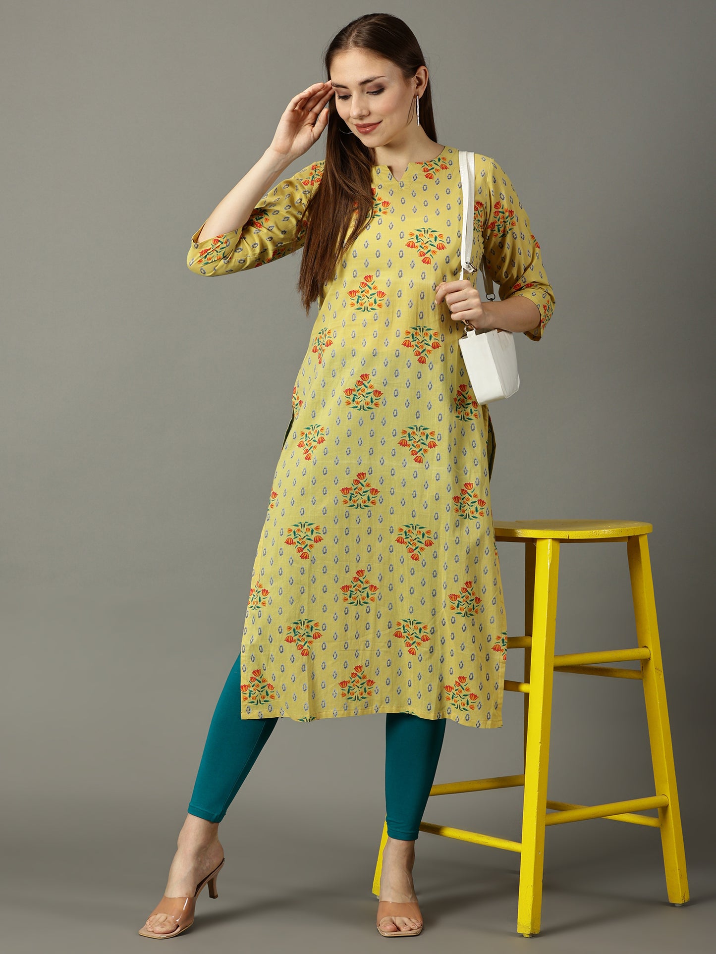 Women Yellow Printed Cotton Kurta