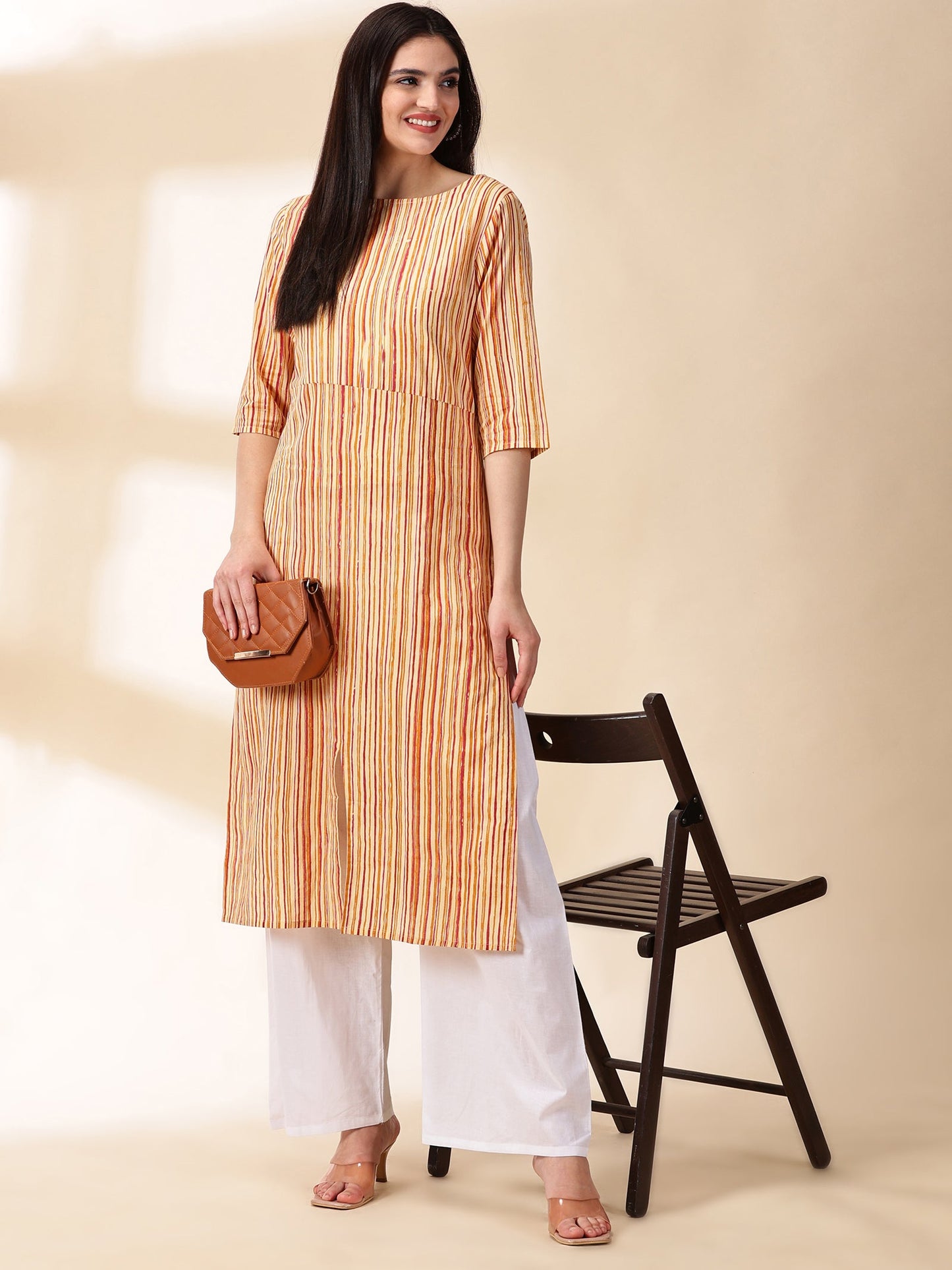 Women Mustard Cotton Straight Kurta