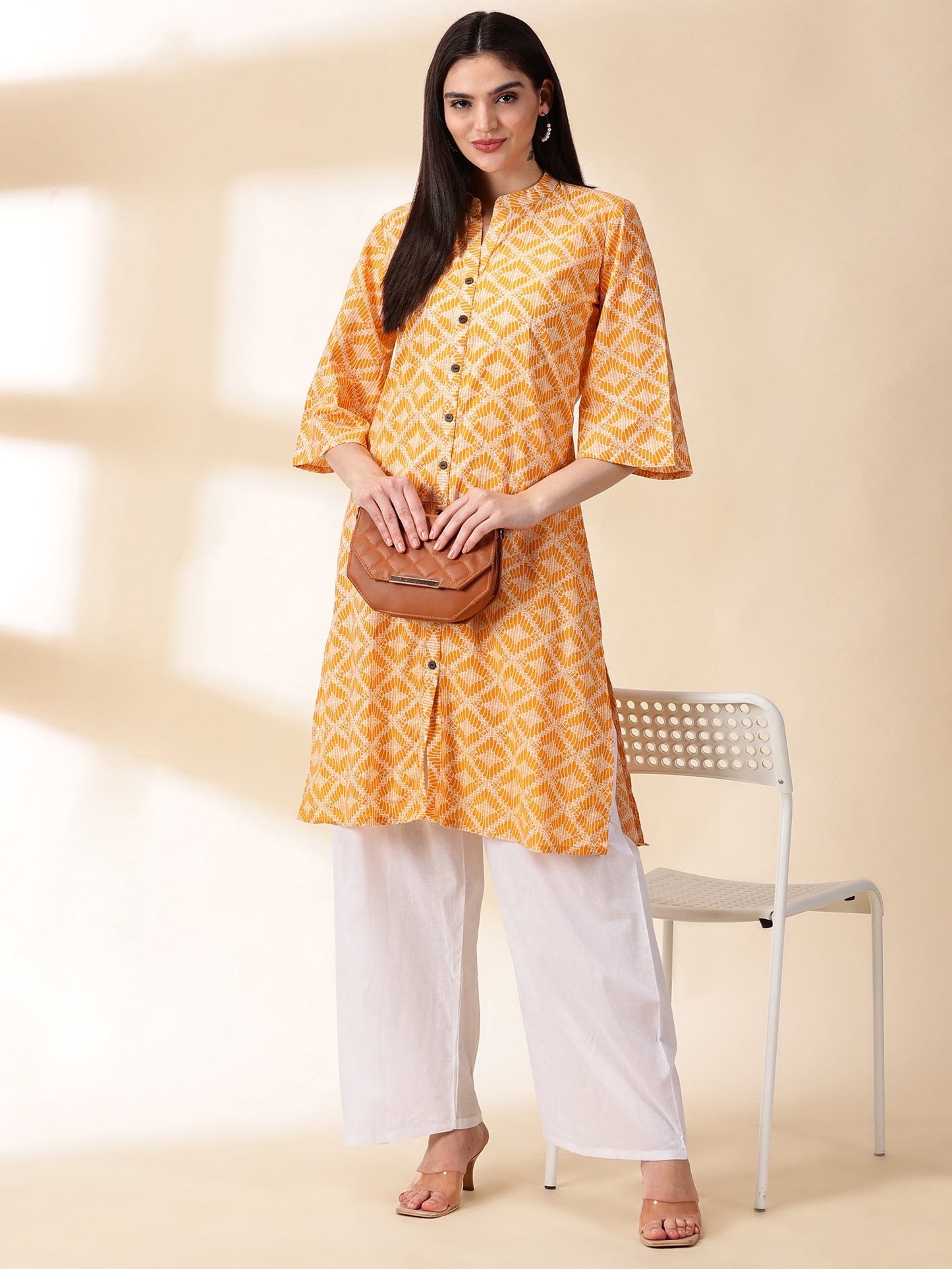 Women Yellow Printed Cotton Kurta