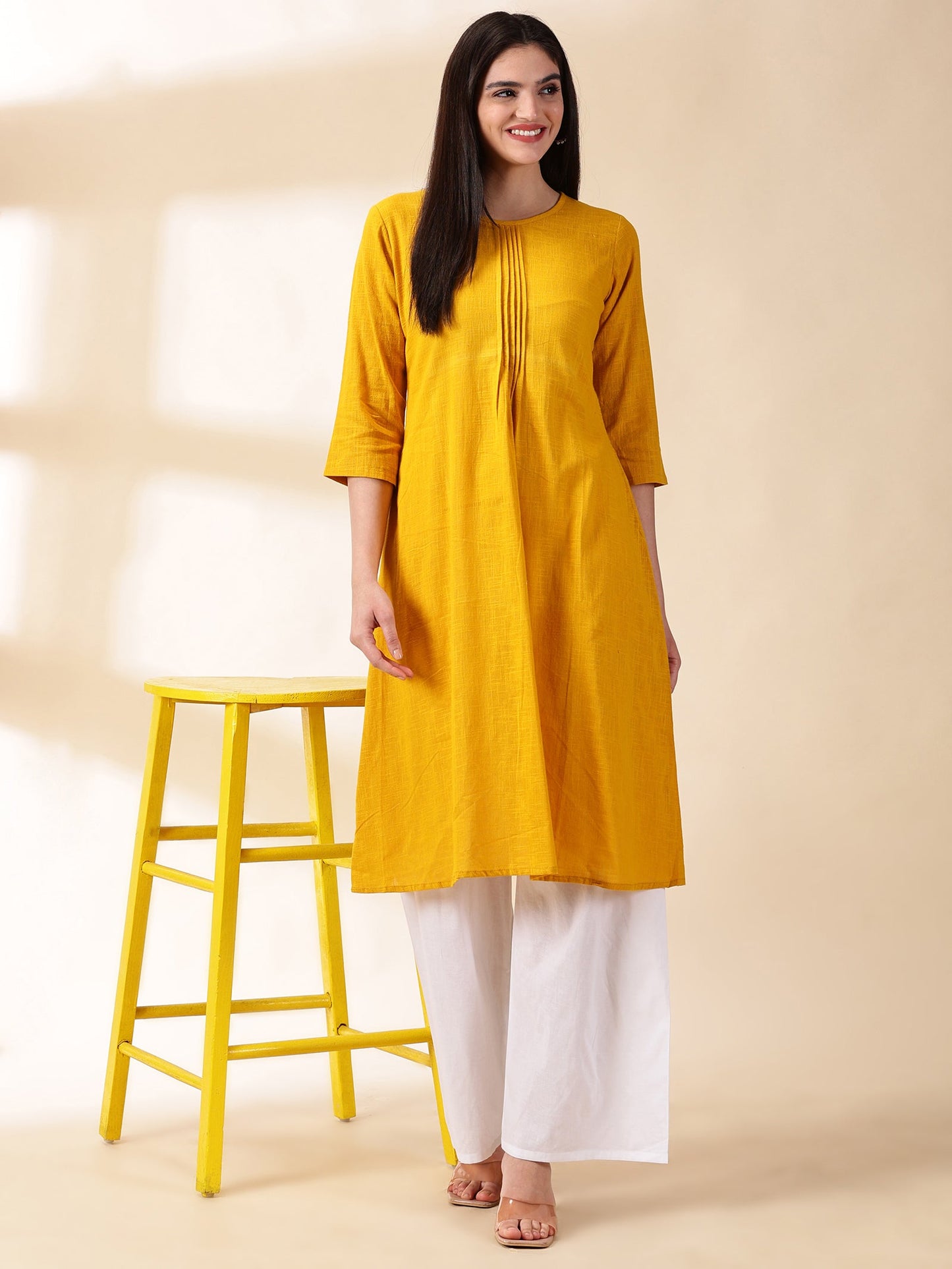 Women yellow Cotton Kurta With palazzos