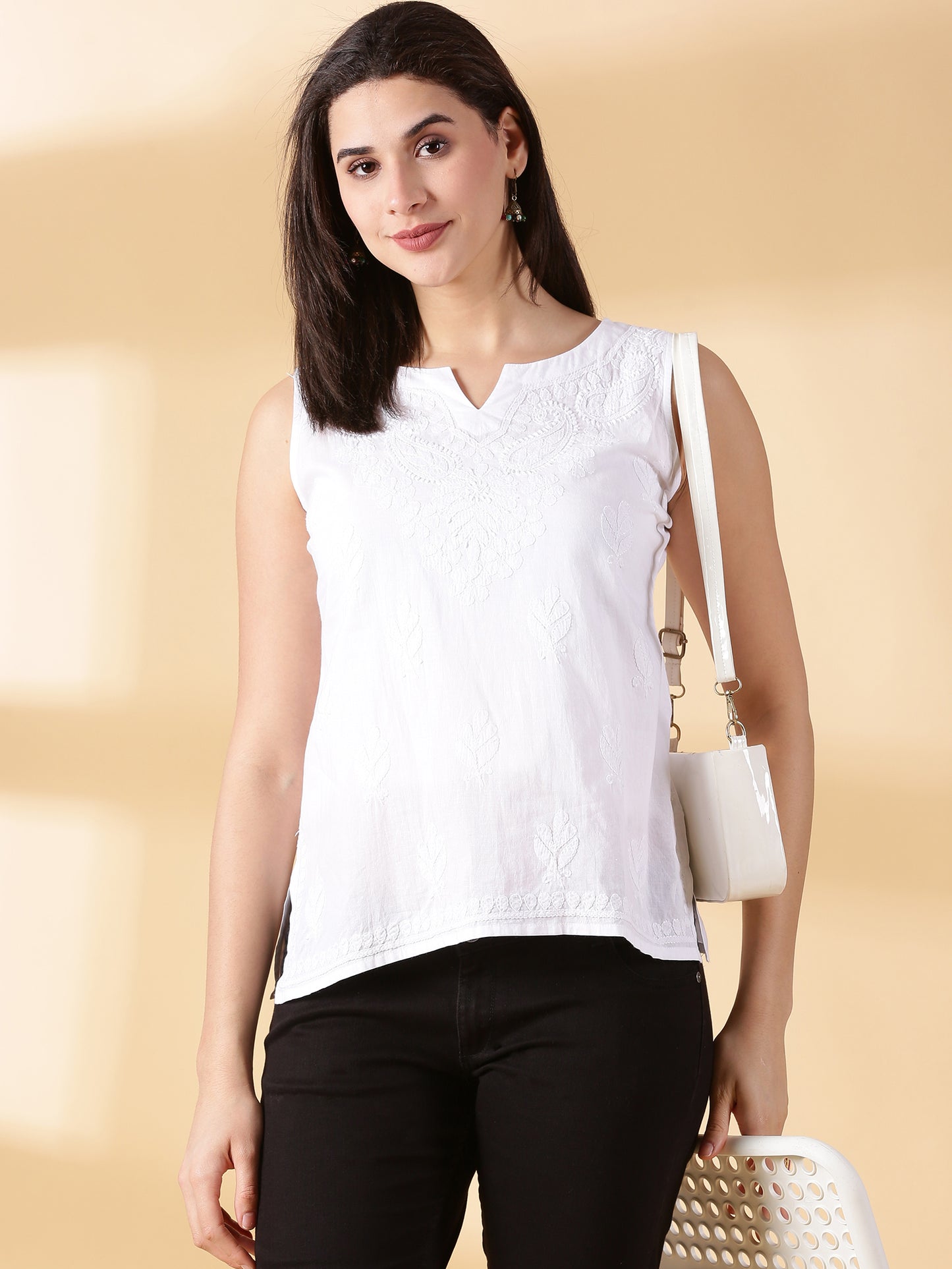 Women White  Cotton Embroidered Top