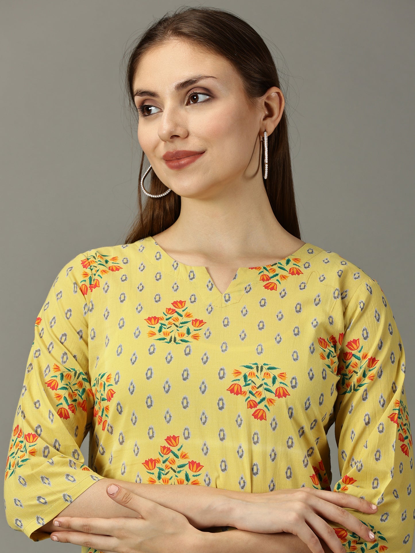 Women Yellow Printed Cotton Kurta