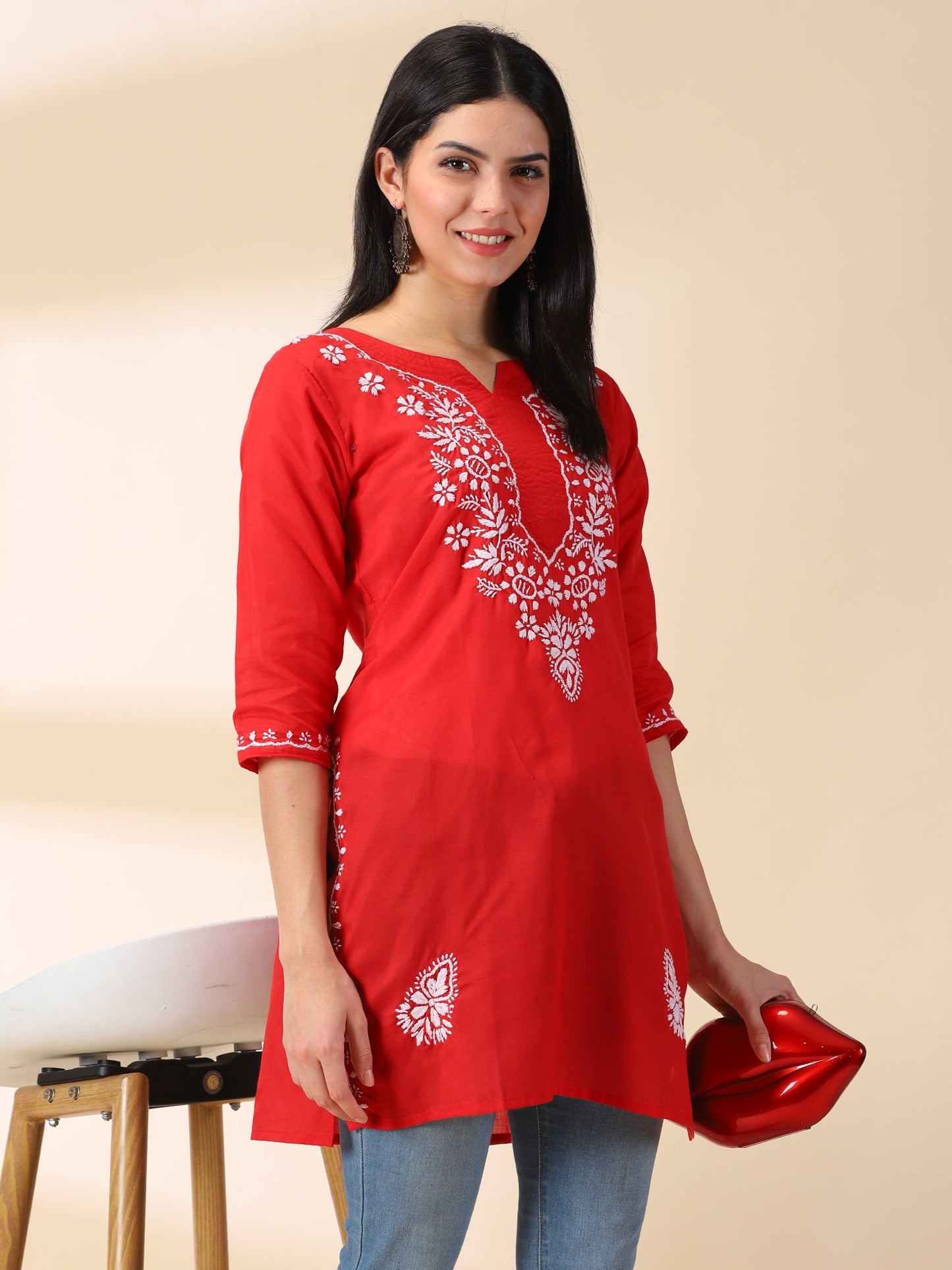 Women Red Lucknowi Chikankari Cotton Kurta