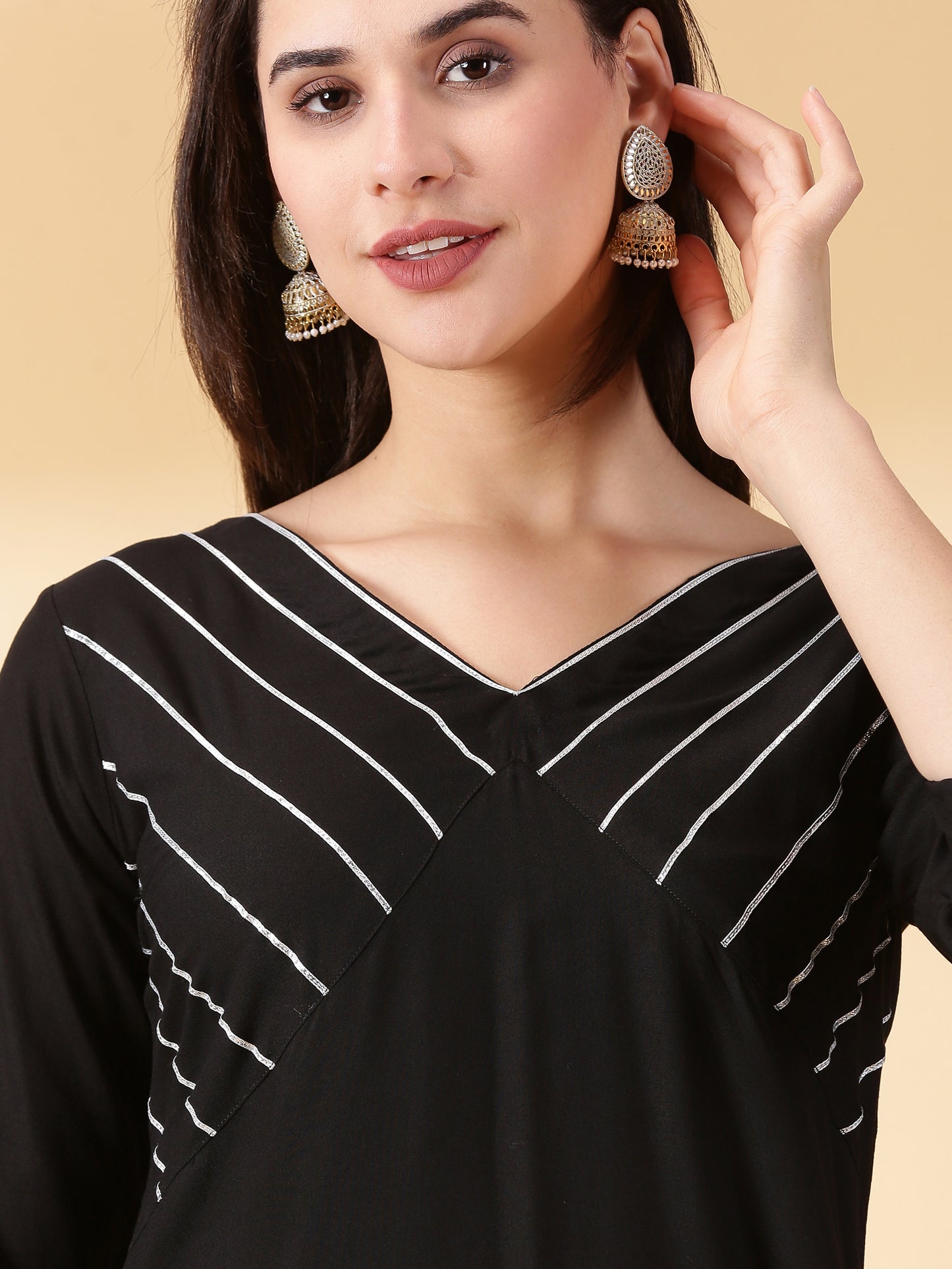 Women Black Reyon Alia Cut Kurta With Palazzos & Dupatta