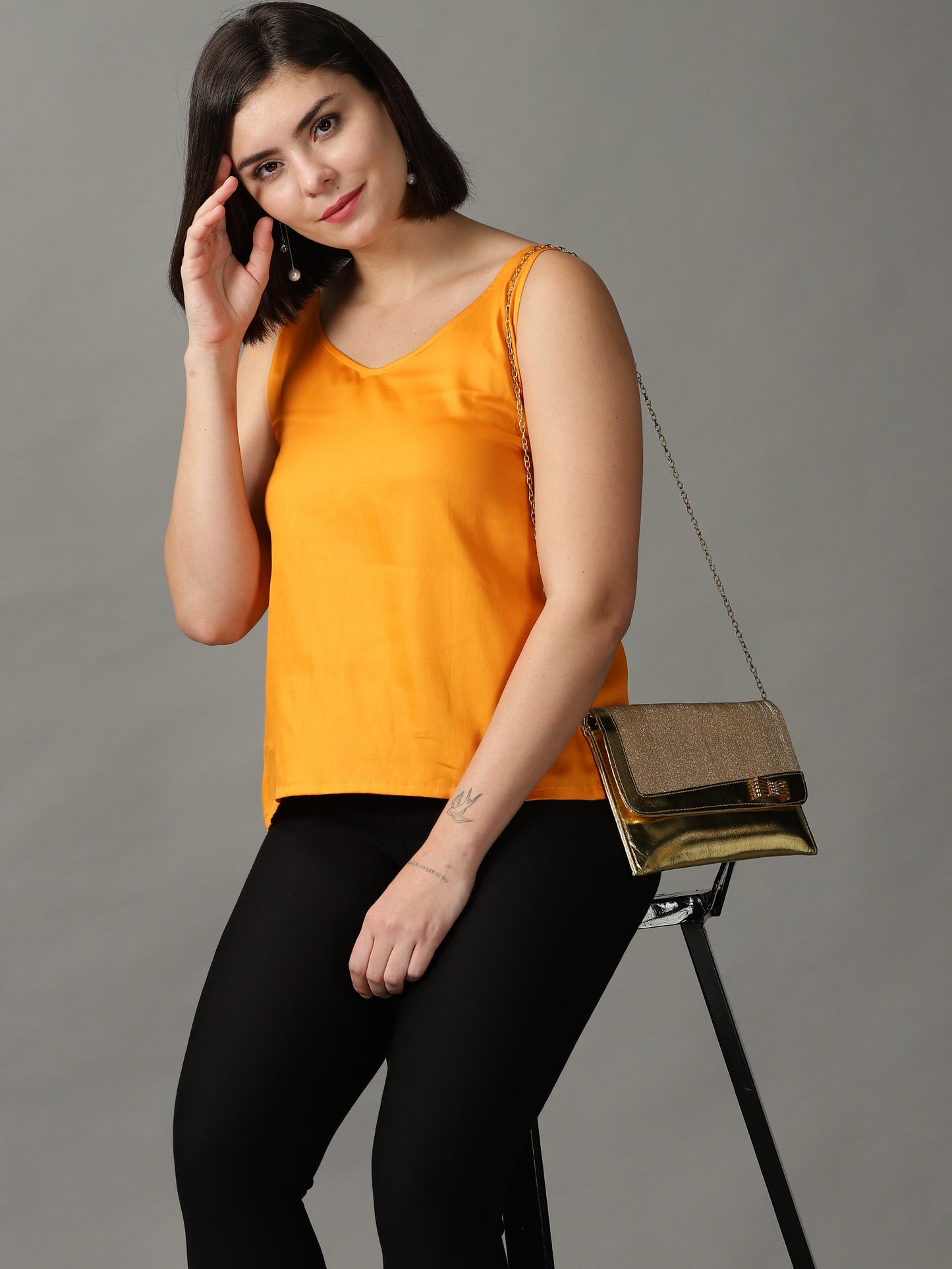 Women Mustard V Neck Sleeveless Top