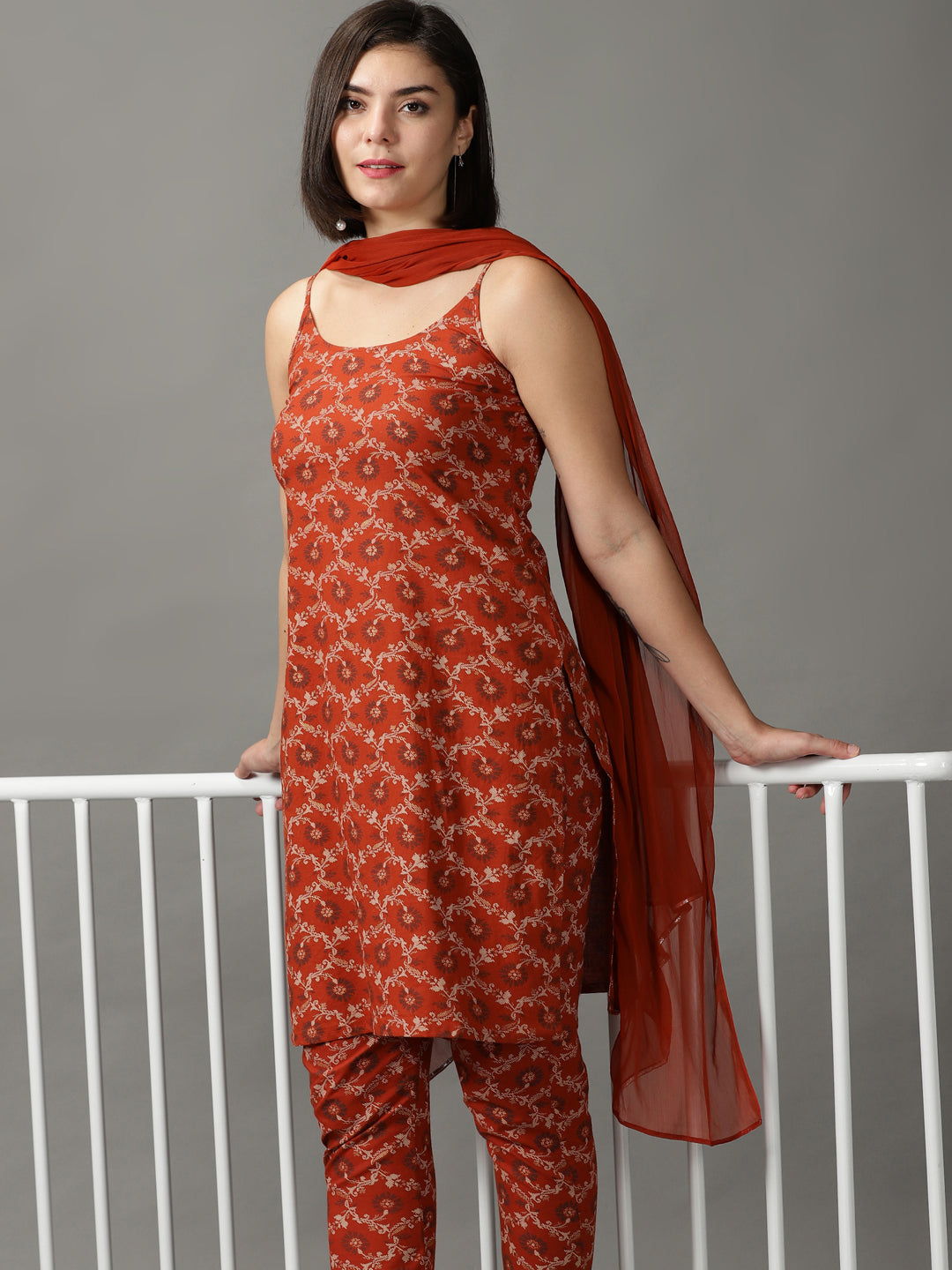 Brown Cotton Kurta With Trouser & Dupatta