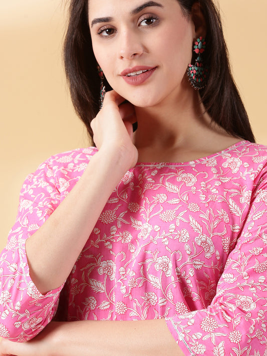 Women Pink Cotton Kurta With Trouser