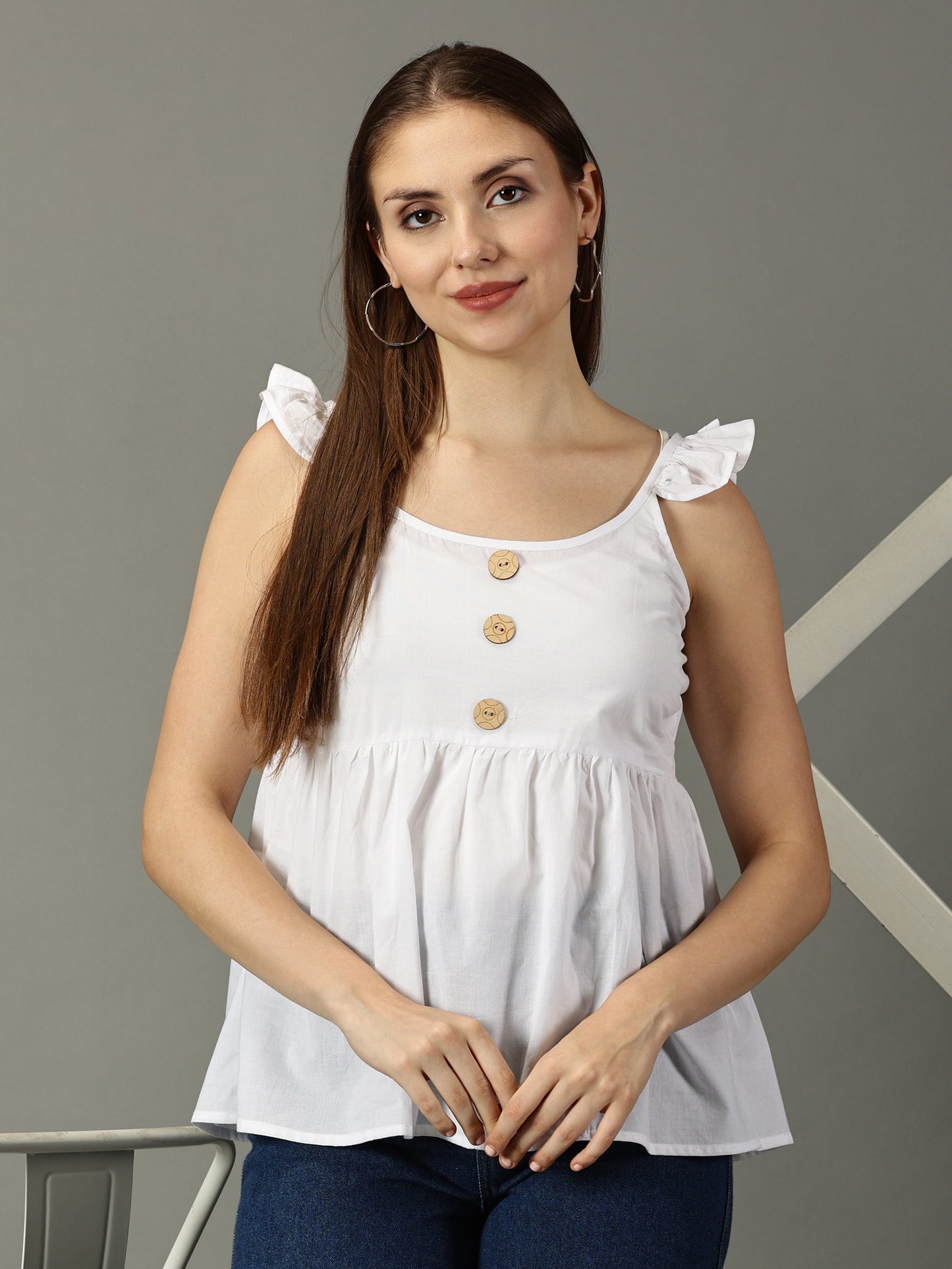 Women White Cotton Ruffled Top