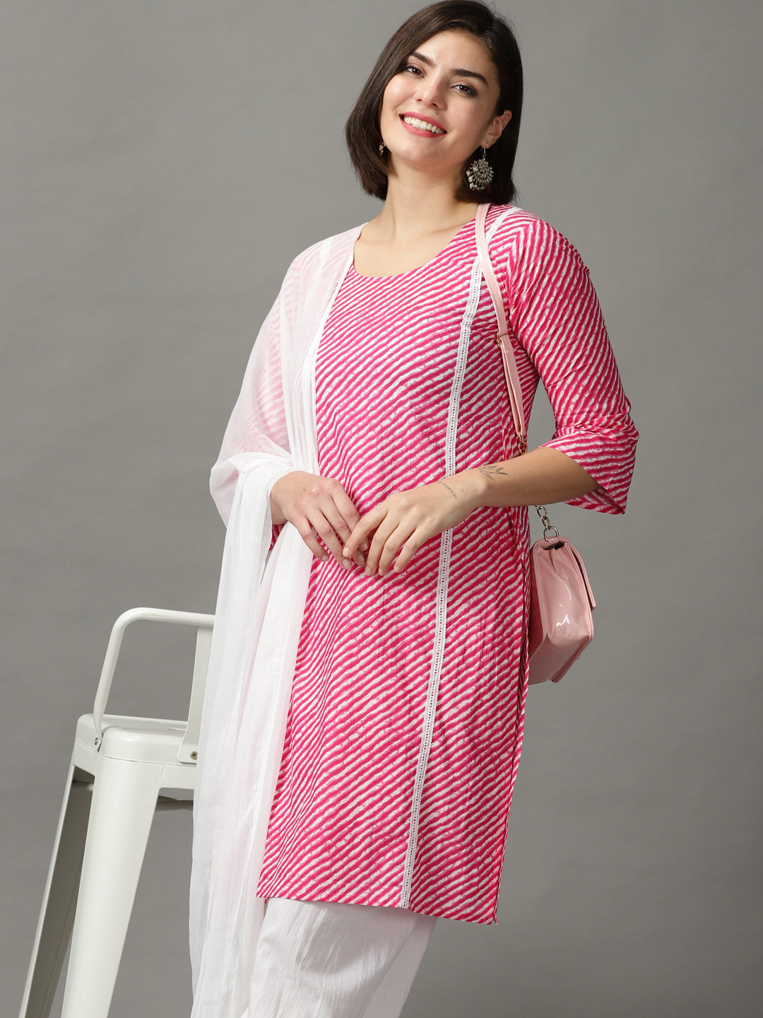 Pink Printed Cotton Straight Kurta With cuff Pant &Dupatta