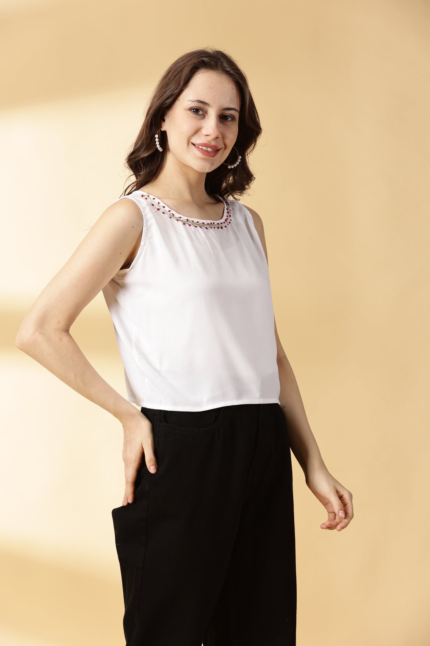 Women White Rayon Hand Embroiydered Top