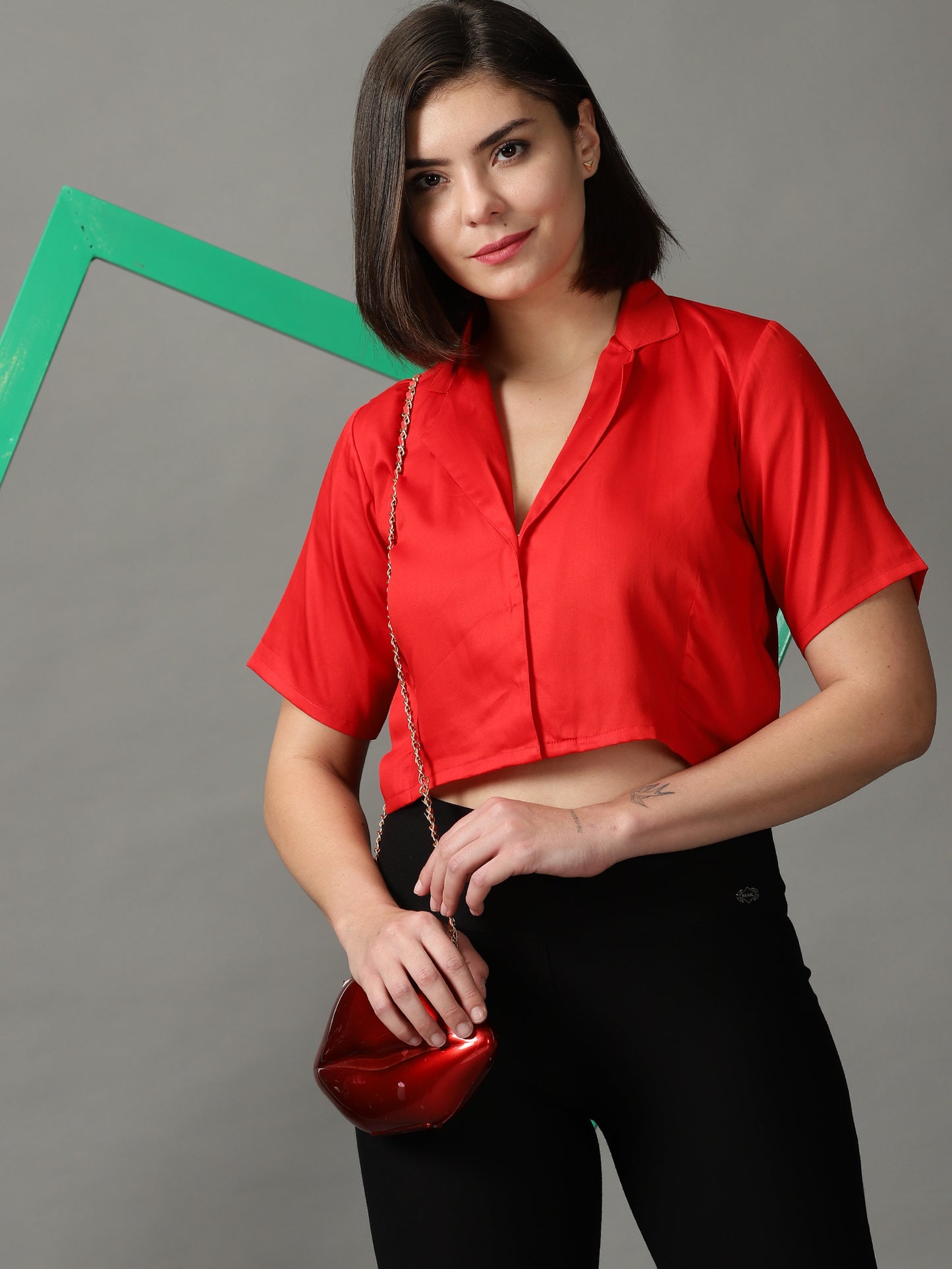 Women Red Solid Shirt Style Crop Top