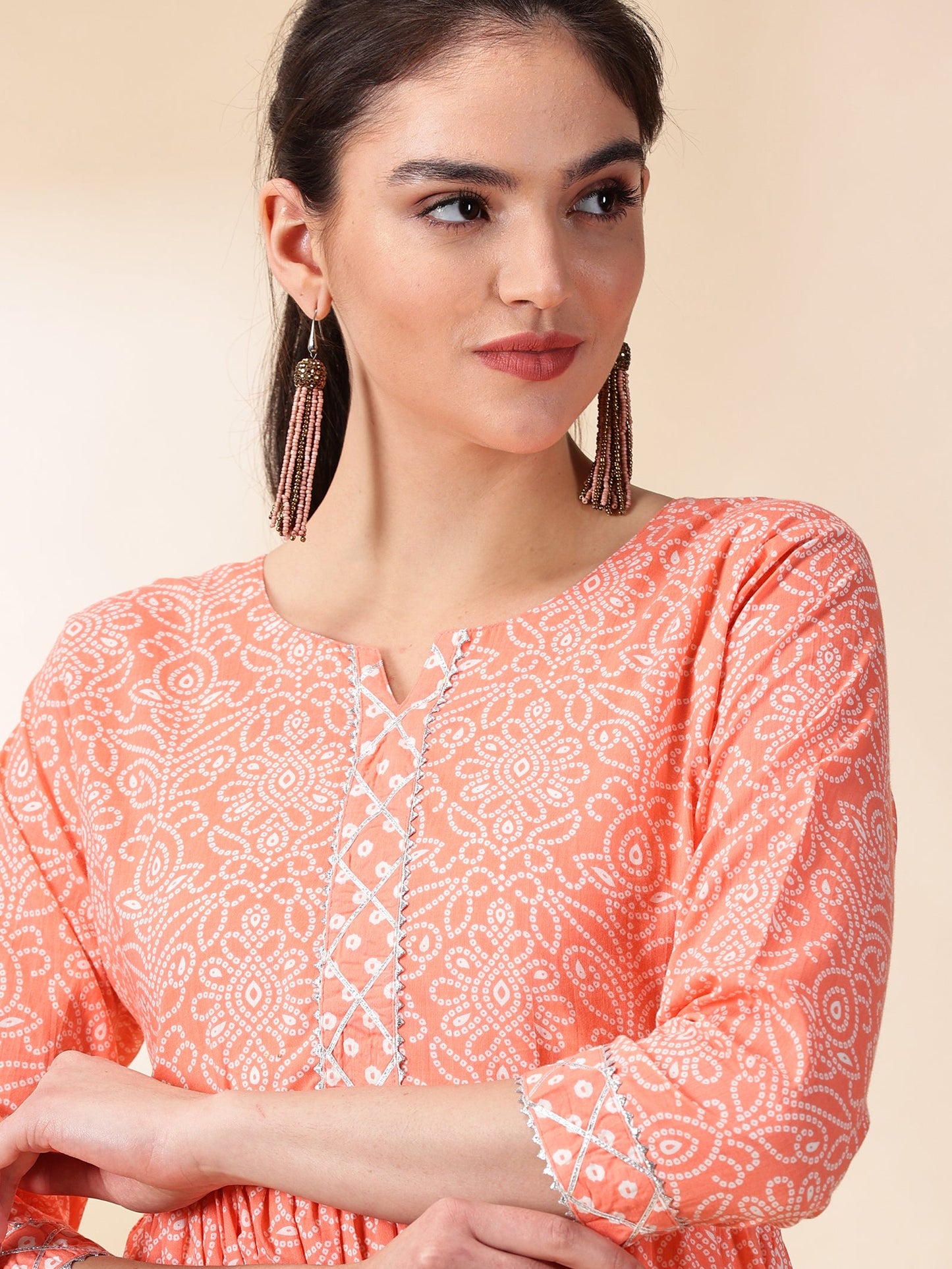 Women Peach Printed Cotton Kurta With Sharara & Duptta