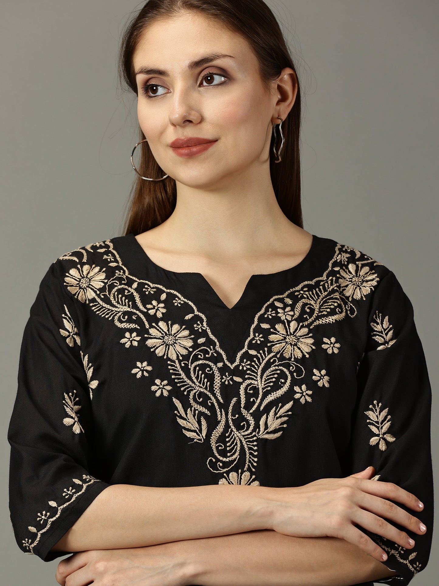 Women Black Lucknowi Chikankari Cotton Kurta