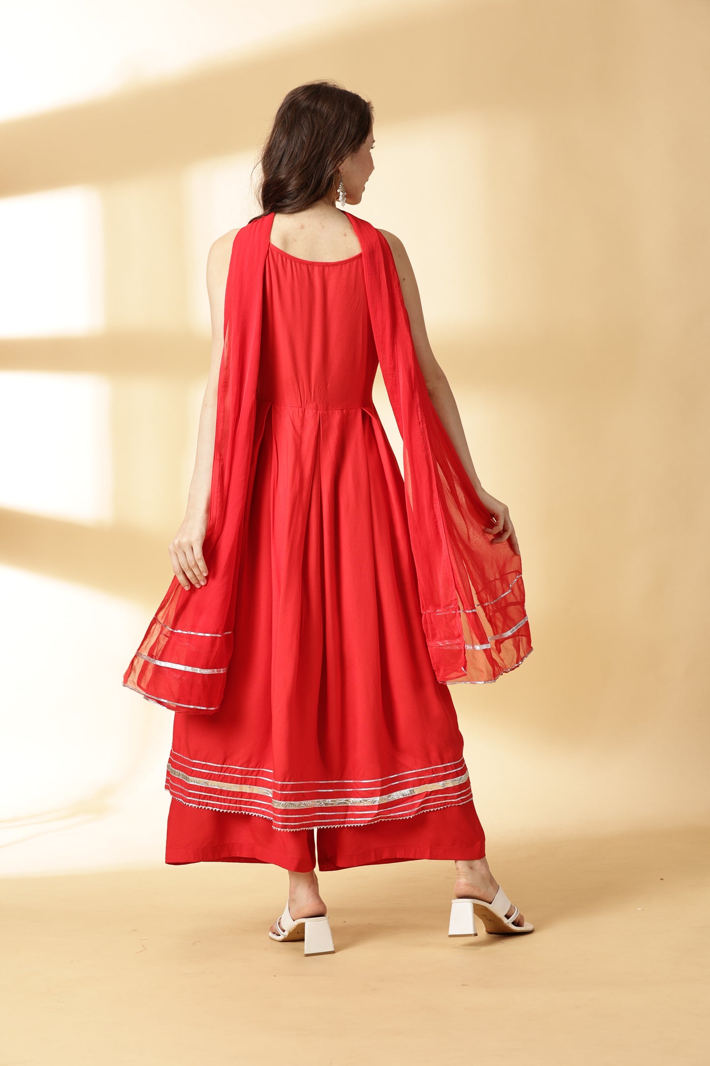 Women Red Anarkali Kurta With Palazzo &Dupatta