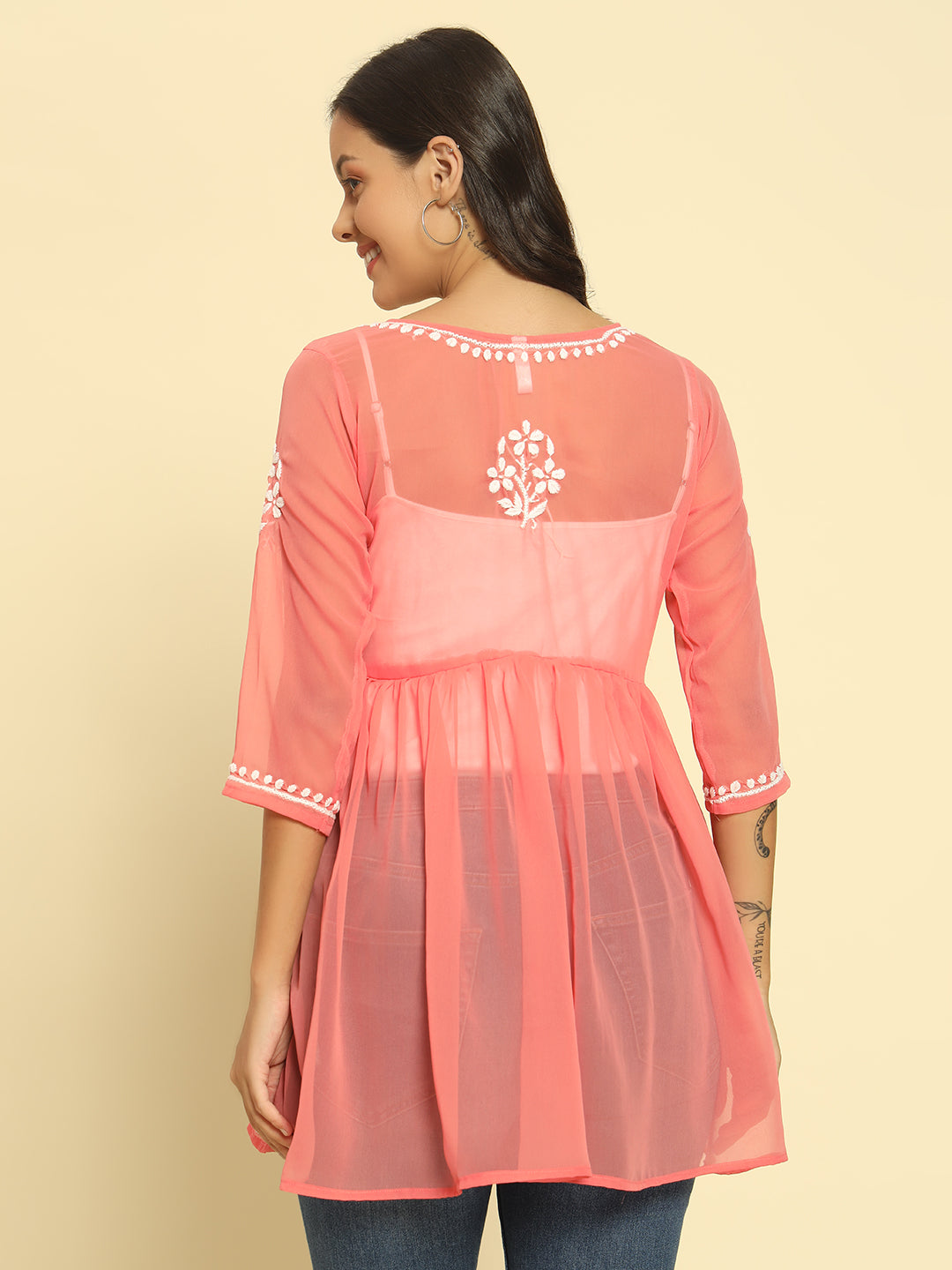 Women Hand Embroidered Lucknowi Chikankari Georgette A-line Kurti