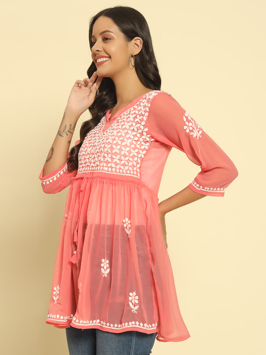 Women Hand Embroidered Lucknowi Chikankari Georgette A-line Kurti