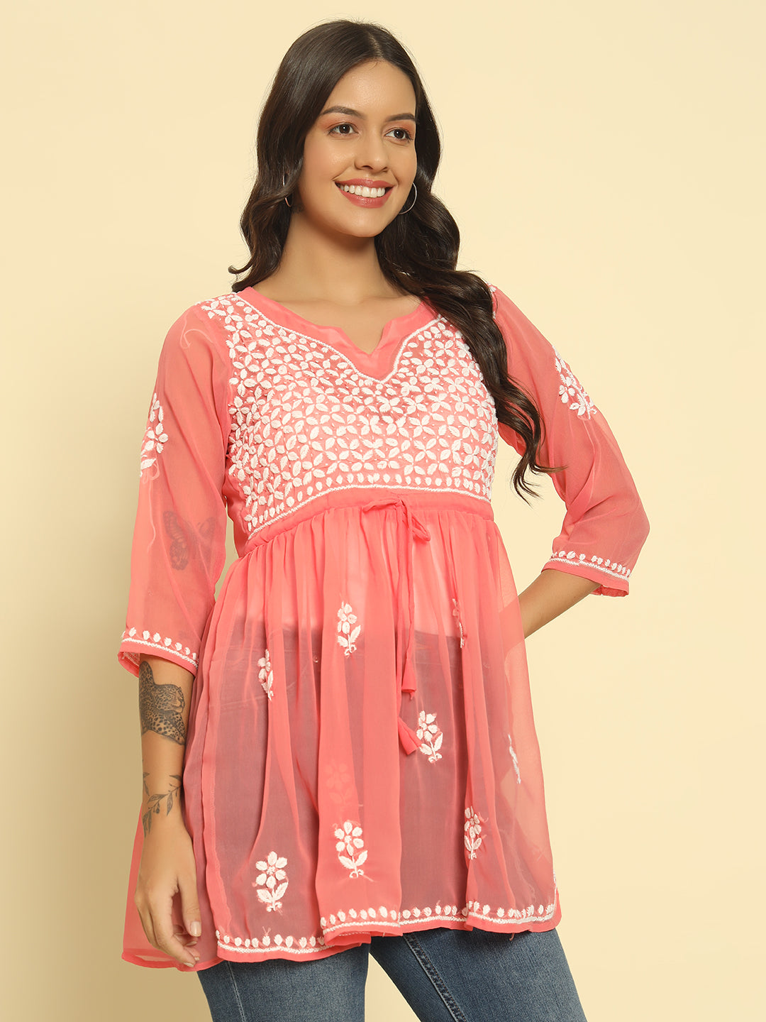 Women Hand Embroidered Lucknowi Chikankari Georgette A-line Kurti