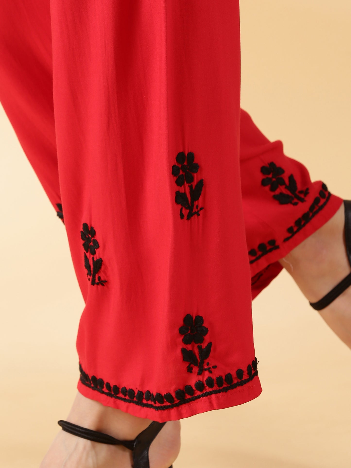 Women Red Lucknowi Chikankari Kurti With Palazzos