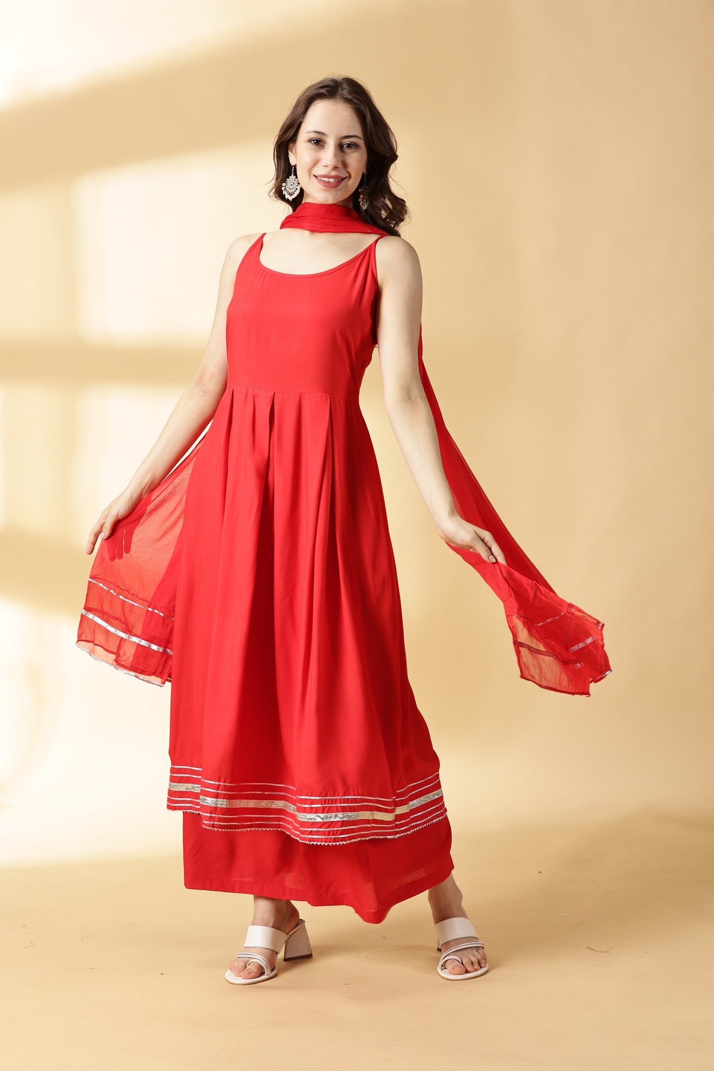 Women Red Anarkali Kurta With Palazzo &Dupatta