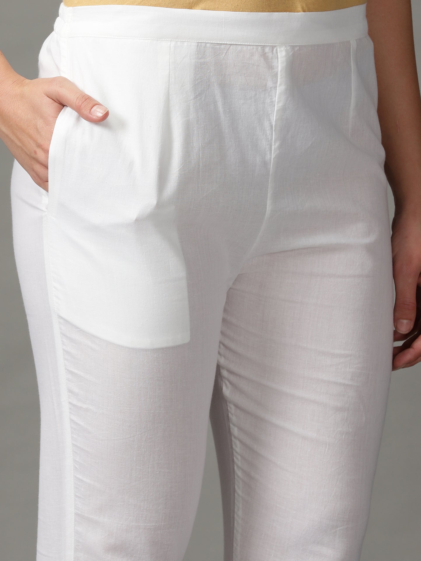 Women White Solid Cotton Ankle Length Trousers