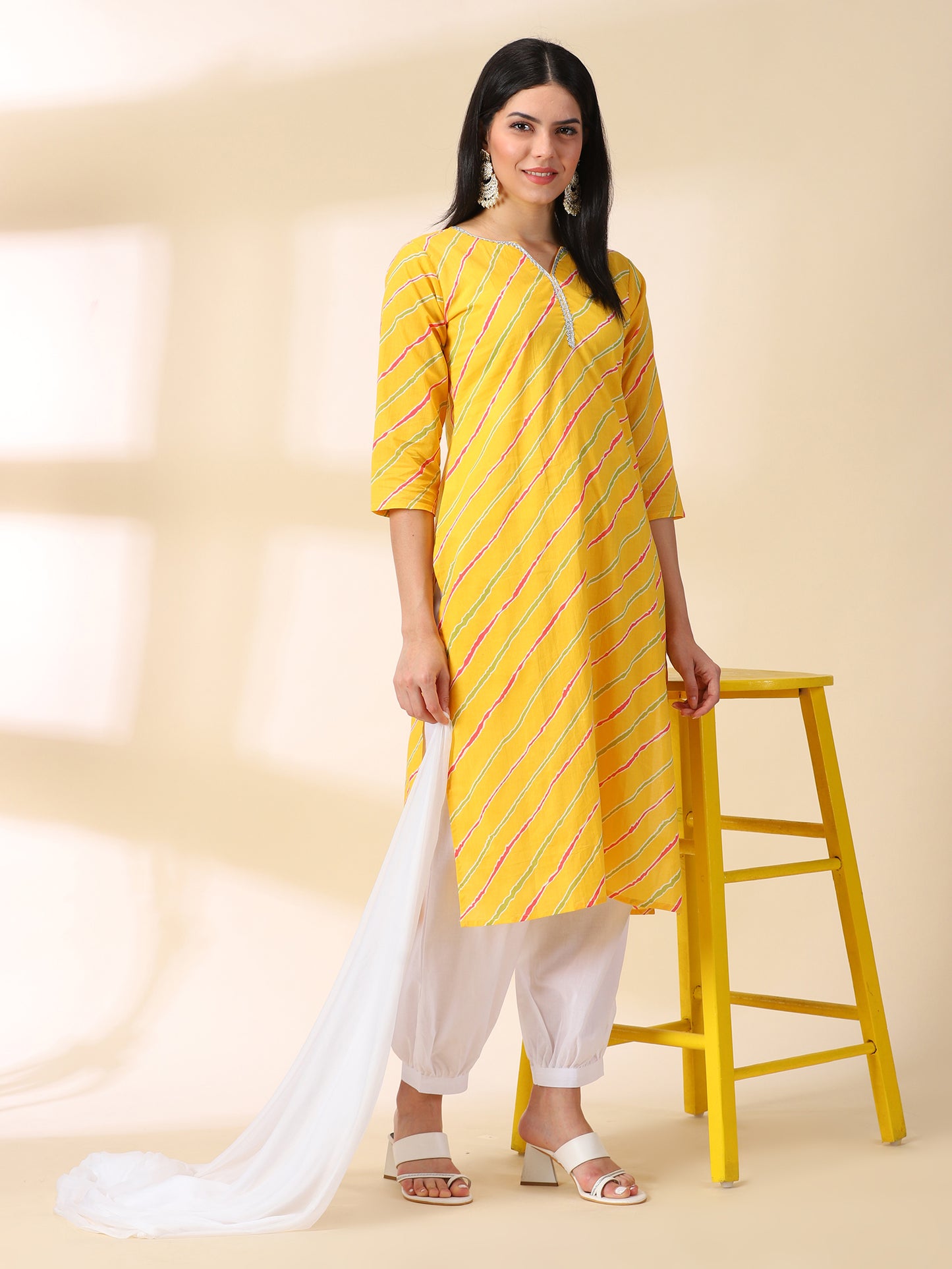 Yellow Cotton Kurta With Cuff Pant & Dupatta