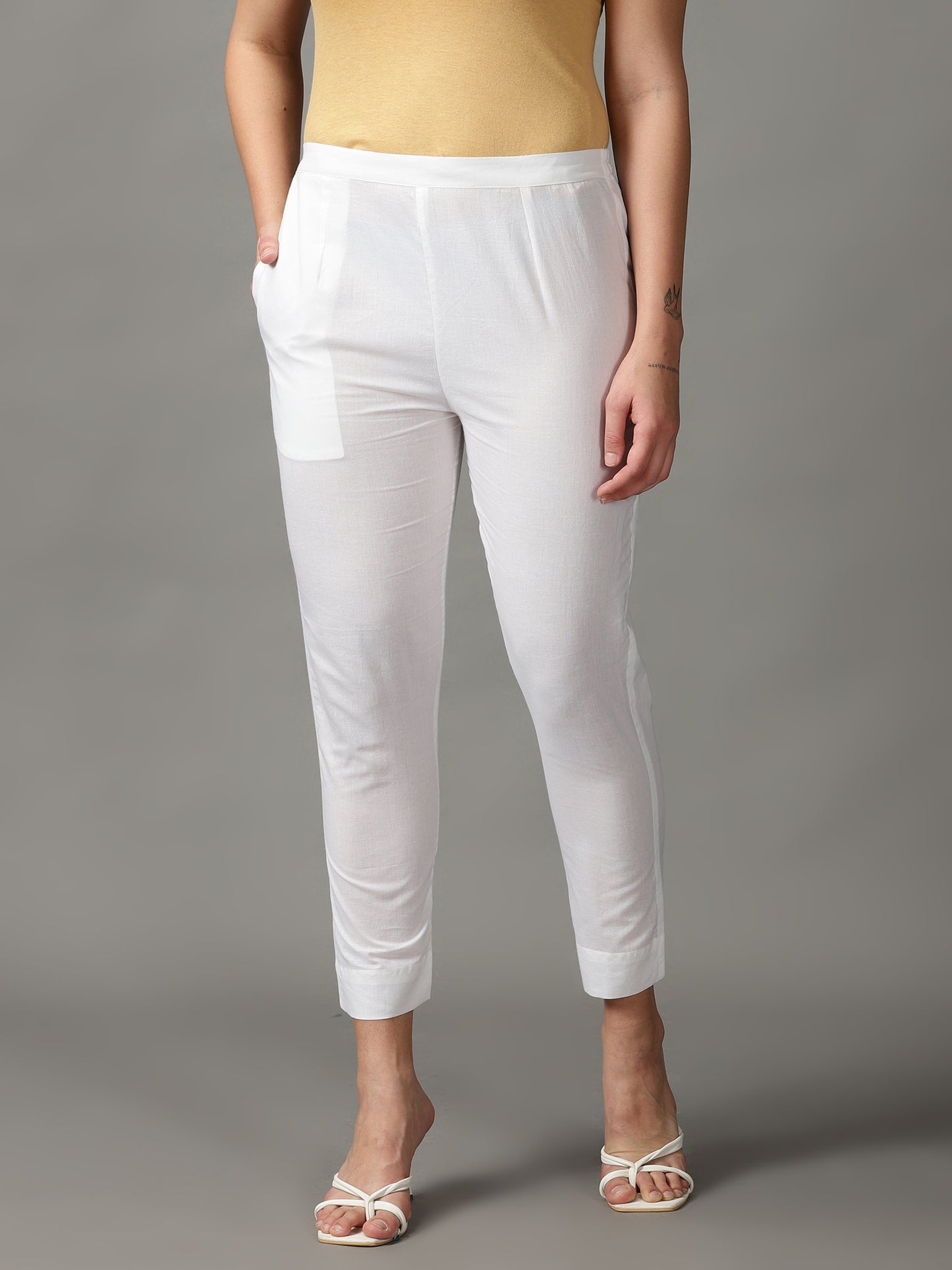 Women White Solid Cotton Ankle Length Trousers